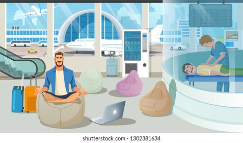 Businessman on Trip or Traveling Freelancer Comfortably Meditating in Airport Recreation Area with Massage Service. Waiting for Plane, Relaxing After Flight, Airport Attractions Cartoon Vector Concept