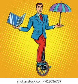 Businessman on unicycle business balance pop art retro style. Circus business concept. Protection laptop. Computer protection anti-virus program