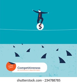 Businessman on unicycle on a tightrope with sharks. Vector illustration Eps10 file. Global colors. Text and Texture in separate layers.