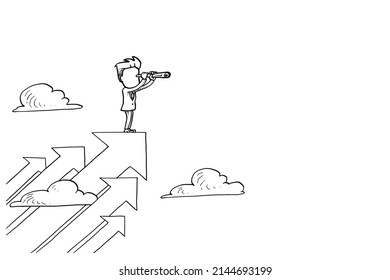 Businessman on upward arrow using telescope looking for opportunity. Concept of vision, mission, objective and goal. Cartoon vector illustration design
