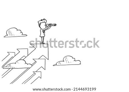 Businessman on upward arrow using telescope looking for opportunity. Concept of vision, mission, objective and goal. Cartoon vector illustration design