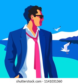 Businessman on vacation. Summer sunshine day on the beach. Young man wearing sunglasses. Sea background, sky, gulls. Vector illustration