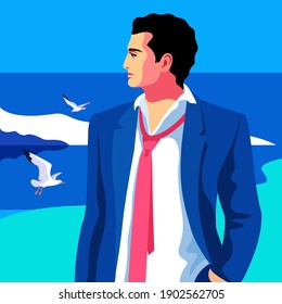 Businessman on vacation. Summer sunshine day on the beach. Young man in blue suit. Sea background, sky, gulls. Vector illustration