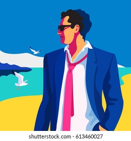 Businessman on vacation. Summer sunshine day on the beach. Young man wearing sunglasses. Sea, sky, seagulls. Vector illustration