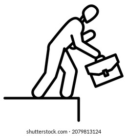 A businessman on the verge of death. Obstacles in business, danger, management risk. A man with a briefcase on the edge of the abyss. Vector icon, outline, isolated. Editable stroke.