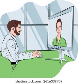 Businessman on a video call with stakeholder Business talk, growth strategies, and confidence in every decision. Outline vector illustration.