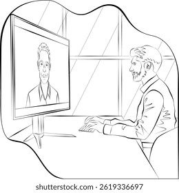 Businessman on a video call with stakeholder Business talk, growth strategies, and confidence in every decision. Sketch. Vector illustration.