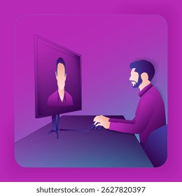 Businessman on video call with stakeholder Business talk, growth strategies, and confidence in every decision. Glass morphism. Vector illustration.