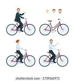 Businessman on vintage bicycle. Male character riding bike. Bicycle riders vector illustrations set. Face constructor.
