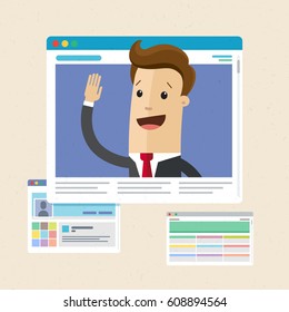 Businessman on the web page. Internet technology concept. Vector, flat