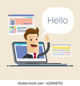 Businessman on the web page on laptop screen. Internet technology concept. Vector, flat