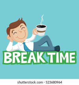 Businessman on word break time, vector illustration cartoon