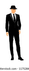 Businessman on work vector illustration. Handsome business man in suit and hat. Elegant man, manager.  Bodyguard watching environment, observe, care for president's security. Agent on secret duty