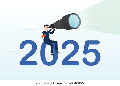 Hombre de negocios en el año número 2025 mirar a través del telescopio, perspectiva de negocio del año Nuevo 2025, planificación o estrategia para el éxito, visión o pronóstico, anticipación de inicio de año, concepto de mejora o progreso