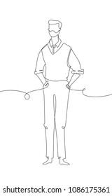 Businessman - one line design style illustration isolated on white background. A young confident man standing with hands on his hips. High quality image for your presentation