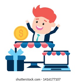 businessman online payment laptop computer gift money vector illustration