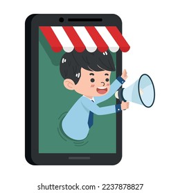 Businessman online store talking in megaphone   