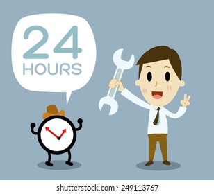 businessman Open around the clock, 24 hours a day .cartoon vector illustration 