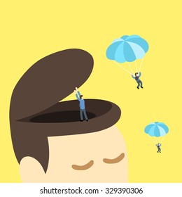 businessman open big head for orther businessmen to do air jump or parachute