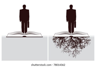 businessman with open book and roots