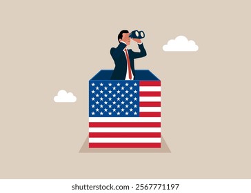 Businessman open box United States of America using binoculars to see business vision. Creativity to help see business opportunity, vision to discover new solution or idea, curiosity