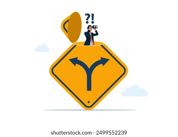 Businessman open career path sign using binoculars to see alternative or choice, deciding career path. Modern vector illustration in flat style 