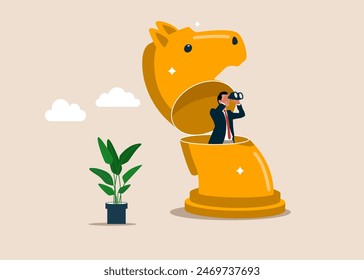 Businessman open chess horse using binoculars to see success strategy. Strategy, mission. Flat vector illustration