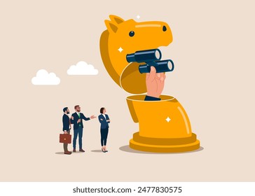 Businessman open chess horse using binoculars to see success strategy. To discover new solution or idea, searching for success. Strategy, mission. Flat vector illustration