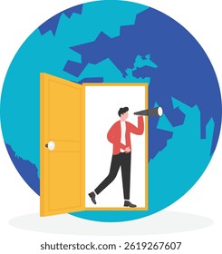 businessman open the door and come out from inside the world. Business leadership and vision concept.

