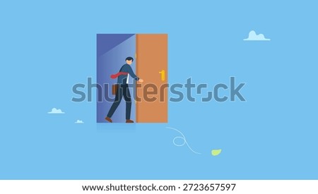 Businessman open the door and found dead end and fear to fall from height. Business dead end, mistake or problem, obstacle or difficulty in work, hopelessness career path or challenge.