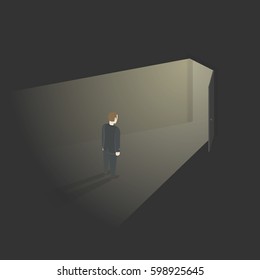 Businessman and an open door. Male stands and makes a choice. Isometric view. Vector illustration.