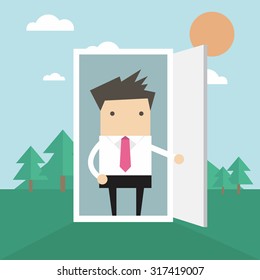 Businessman open the door from office to nature
