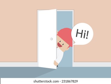 Businessman open the door and say hi, VECTOR, EPS10