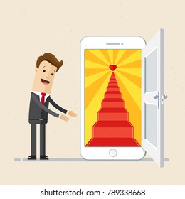 Businessman open the door to success. Business, vector flat illustration. Vector, illustration, flat