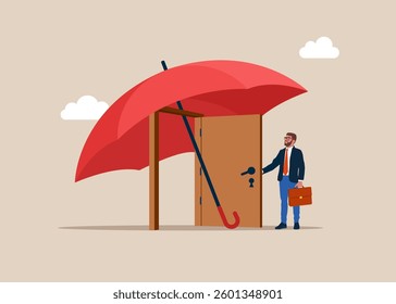 Businessman open door under umbrella. Modern flat vector illustration.