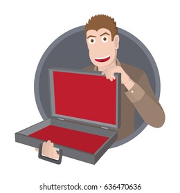 Businessman with open an empty suitcase. Vector Illustration