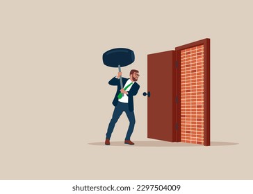 Businessman open exit door and found brick wall blocking the way. Man with sledgehammer about to brick wall blocking the way. Business dead end obstacle and difficulty to overcome. 