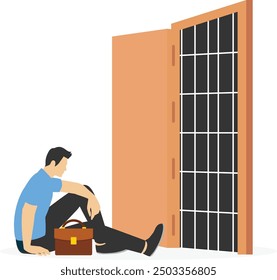 Businessman open exit door and found brick wall blocking the way. Business dead end, exit or big mistake and wrong decision, obstacle and difficulty to overcome concept,

