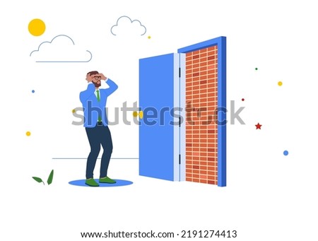 Businessman open exit door and found brick wall blocking the way. Business dead end, exit or big mistake and wrong decision, obstacle and difficulty to overcome concept, 