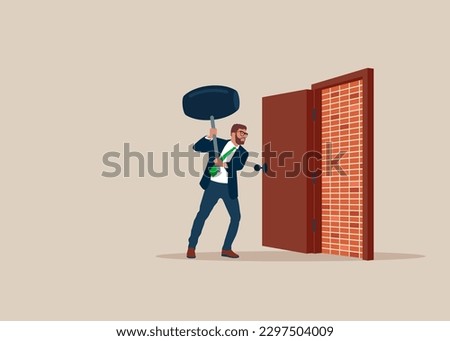 Businessman open exit door and found brick wall blocking the way. Man with sledgehammer about to brick wall blocking the way. Business dead end obstacle and difficulty to overcome. 