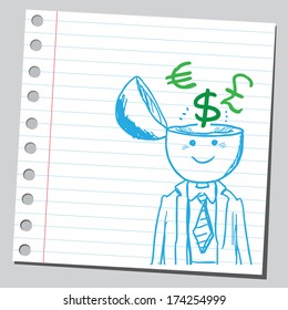 Businessman open headed with currency symbols
