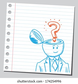 Businessman open headed with question mark (curiosity concept)