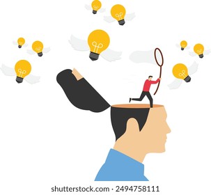 businessman open his head to using butterfly net to cat light bulb idea.flat vector illustration.

