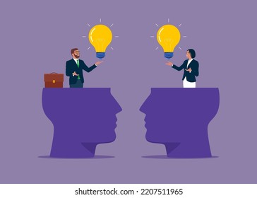 Businessman open from human brain head to exchange business lightbulb ideas. Exchange idea from brainstorm, knowledge, creativity and innovation. Flat vector illustration.