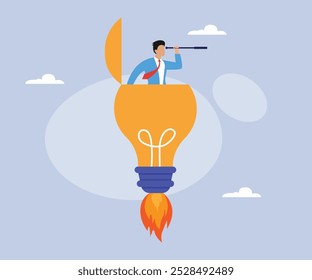 Businessman open lightbulb idea and using binoculars to see business vision 2d flat vector illustration