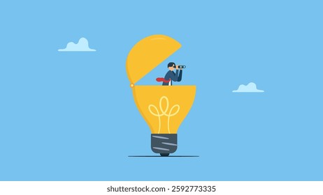 Businessman open lightbulb idea using binoculars to see business vision. Creativity to help see business opportunity, vision to discover new solution or idea, curiosity, searching for success.