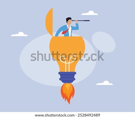 Businessman open lightbulb idea and using binoculars to see business vision 2d flat vector illustration