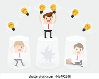 businessman open minded and thinks outside the box. employee breaks through the cup of glass to getting a lot of ideas. 