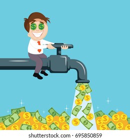 Businessman open money flow from faucet, illustration vector cartoon