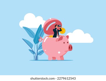 Businessman open pink piggy bank using binoculars to  searching for success concept. Modern vector illustration in flat style